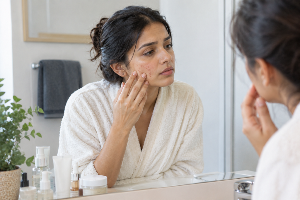 Woman checking facial breakouts during her skincare routine