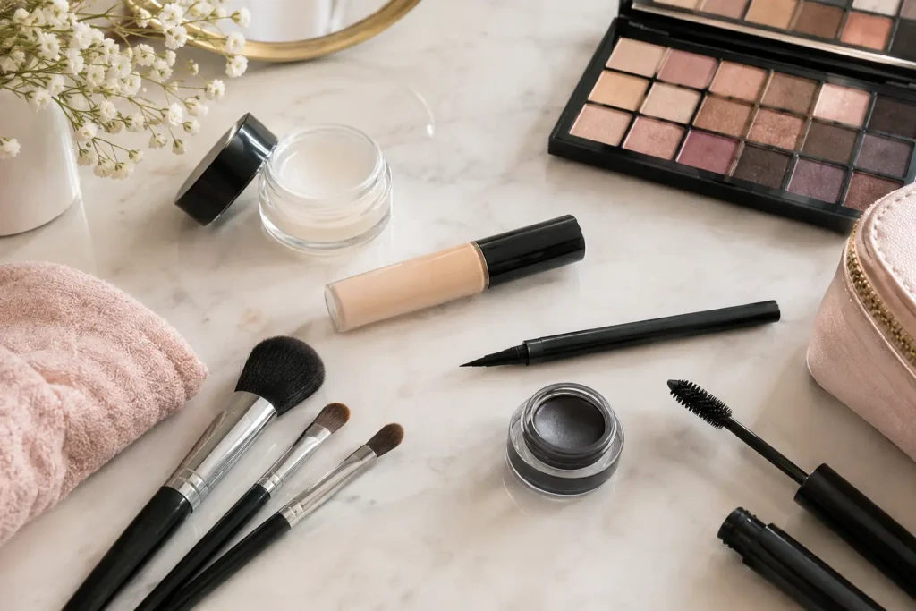 Eye makeup products including eyeshadow palette, eyeliner, mascara, and makeup brushes arranged on a marble vanity.