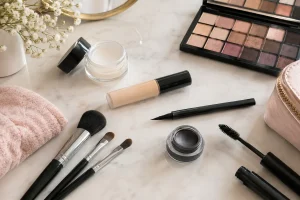 Eye makeup products including eyeshadow palette, eyeliner, mascara, and makeup brushes arranged on a marble vanity.