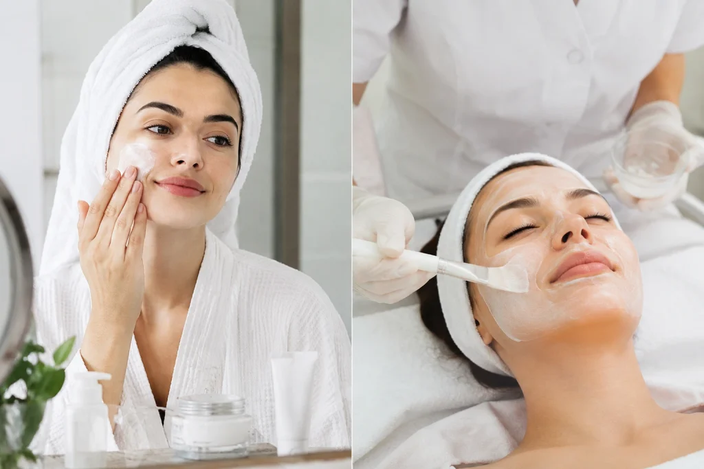 At-home skincare routine compared with professional facial treatment